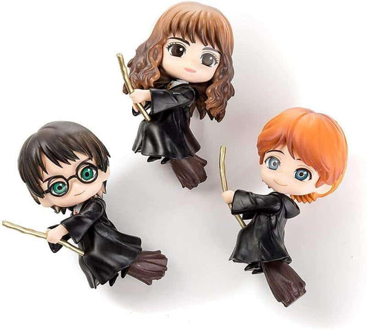 Harry Potter Action Figure Set of 3 (8 cm) Mini Wizard Collectible Figures with Wand | Cute Style Toys | Desk Decor, Cake Toppers, Kids Toy & for Fans, Broom