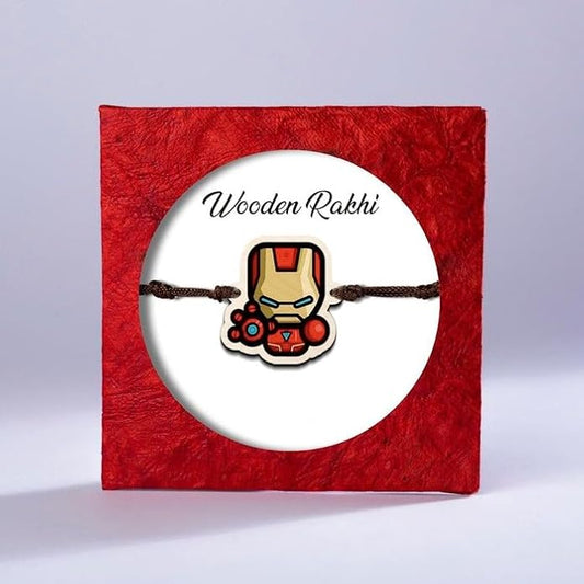 Iron Man | Premium Wooden Rakhi | Handmade Paper Packing | Soft Nylon Thread | Size - 4 x 3 cm