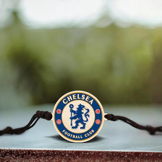 Chelseaa Football Club | Premium Wooden Rakhi | Handmade Paper Packing | Soft Nylon Thread | Size - 4 x 3 cm