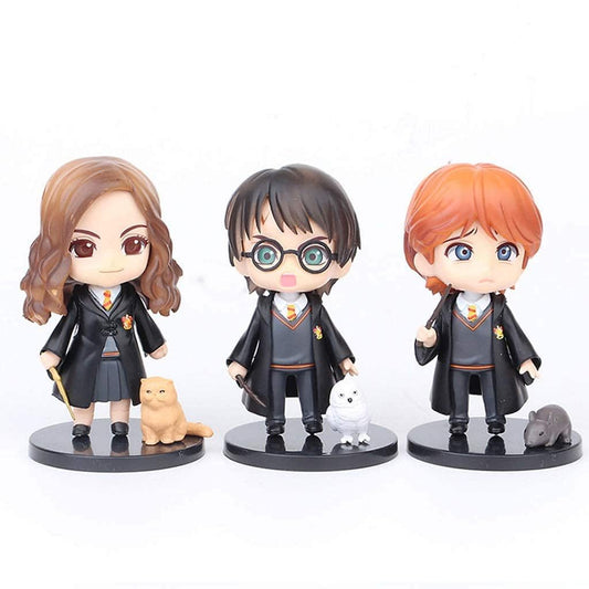 Harry Potter Action Figure Set of 3 (8 cm) Mini Wizard Collectible Figures with Wand | Harry, Hermone & Ron Toys | Desk Decor, Cake Toppers, Kids Toy & for Fans (Harry with Based)
