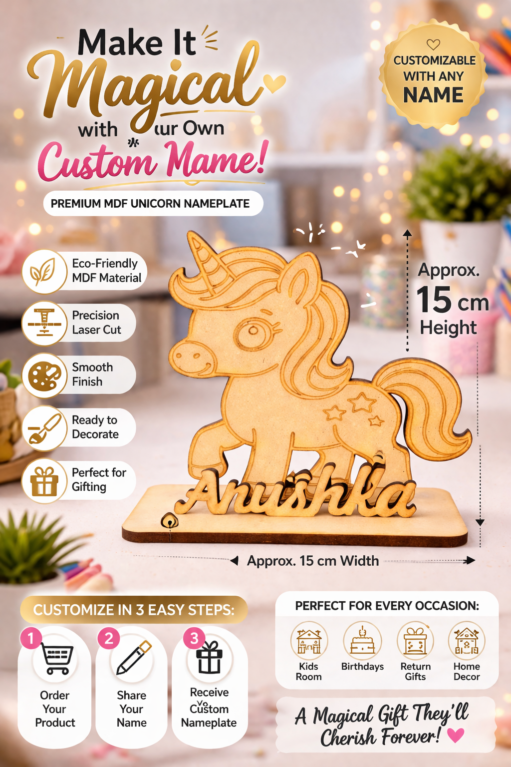 Custom MDF Unicorn Name Standee | Personalized Wooden Name Plate | Kids Room Decor | Birthday Gift | Return Gift