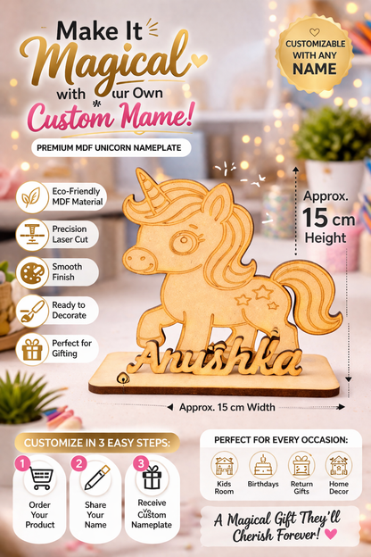 Custom MDF Unicorn Name Standee | Personalized Wooden Name Plate | Kids Room Decor | Birthday Gift | Return Gift