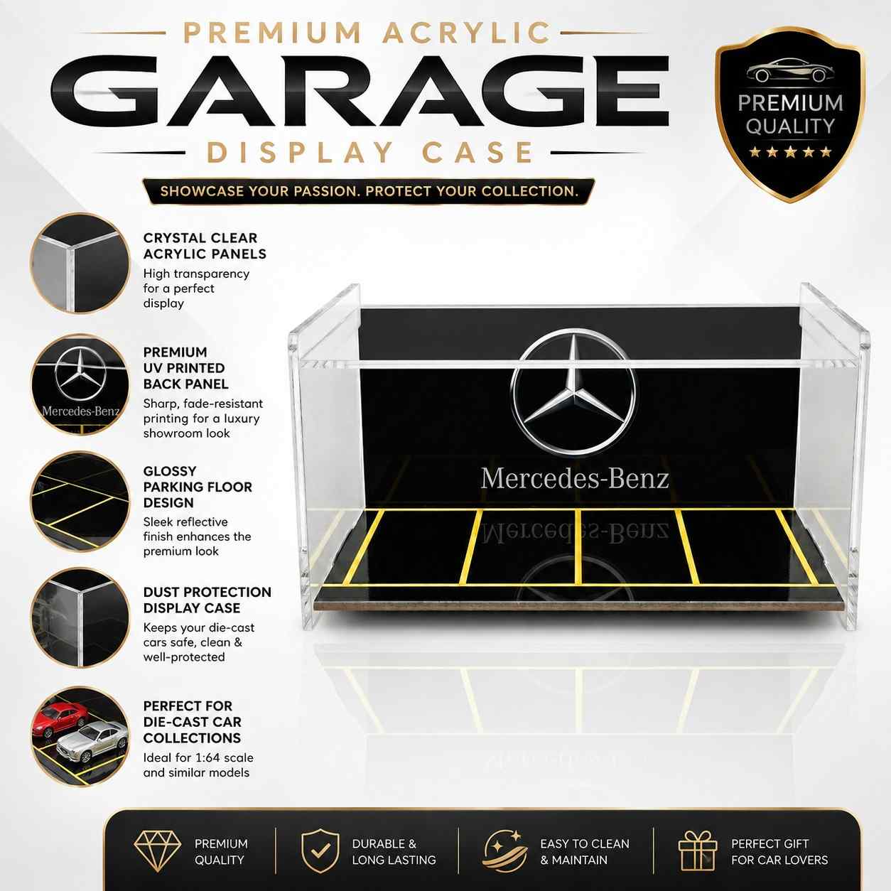 Mercedes-Benz Acrylic Garage Display Case for 1:64 Scale Die-Cast Cars | Premium Collector Showcase Display Stand | Dustproof Model Car Storage Organizer