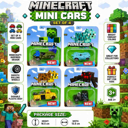 Minecraft Zombie Spider Ocelot Mini Cars Set of 4 Collectible Toy Vehicles for Kids | Zombie Car, Spider Car, Ocelot Blue & Ocelot Yellow