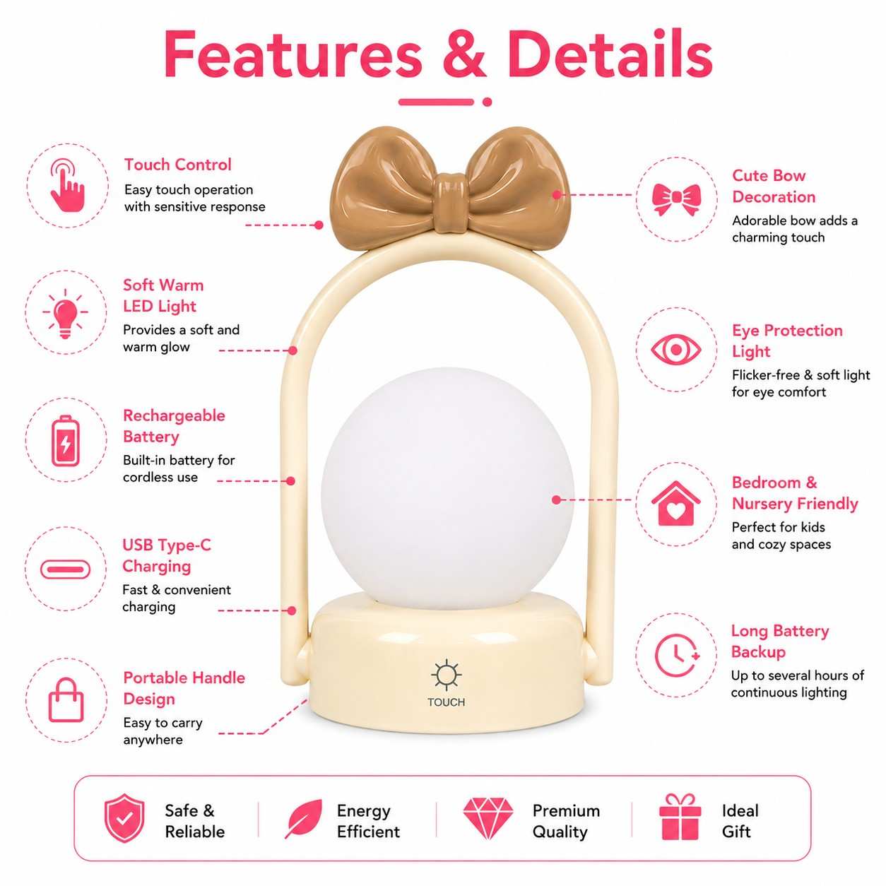 LED Bow Night Lamp Rechargeable Touch Control Bedside Lamp | Random 1 Design | Cute Portable Night Light for Kids Bedroom Nursery