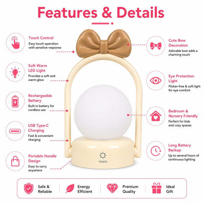 LED Bow Night Lamp Rechargeable Touch Control Bedside Lamp | Random 1 Design | Cute Portable Night Light for Kids Bedroom Nursery