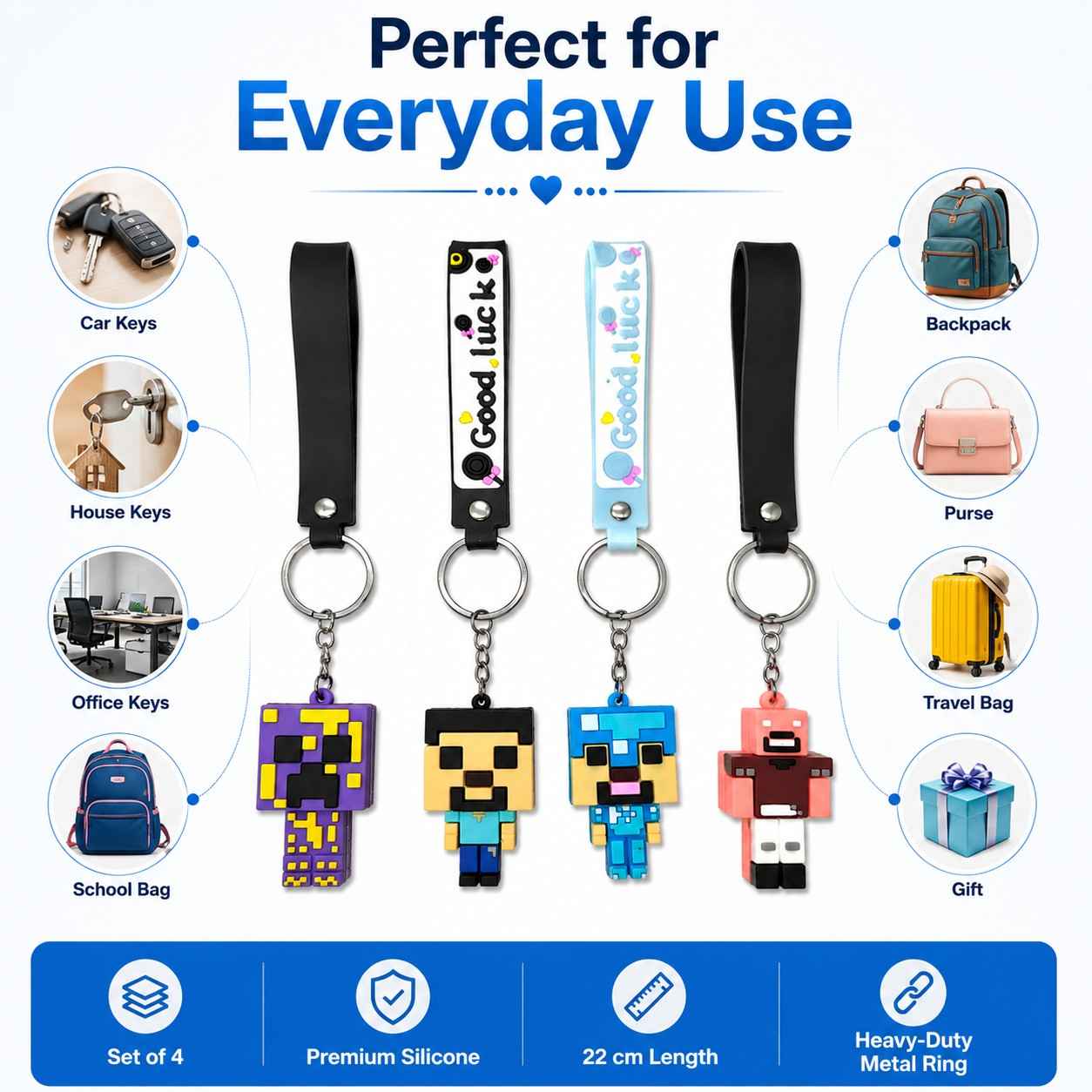 Minecraft Silicone Wrist Keychain Set of 4 | Cute Pixel Character Keychains | Soft Silicone Wrist Strap | Durable Key Ring for Keys, Backpack & Gift