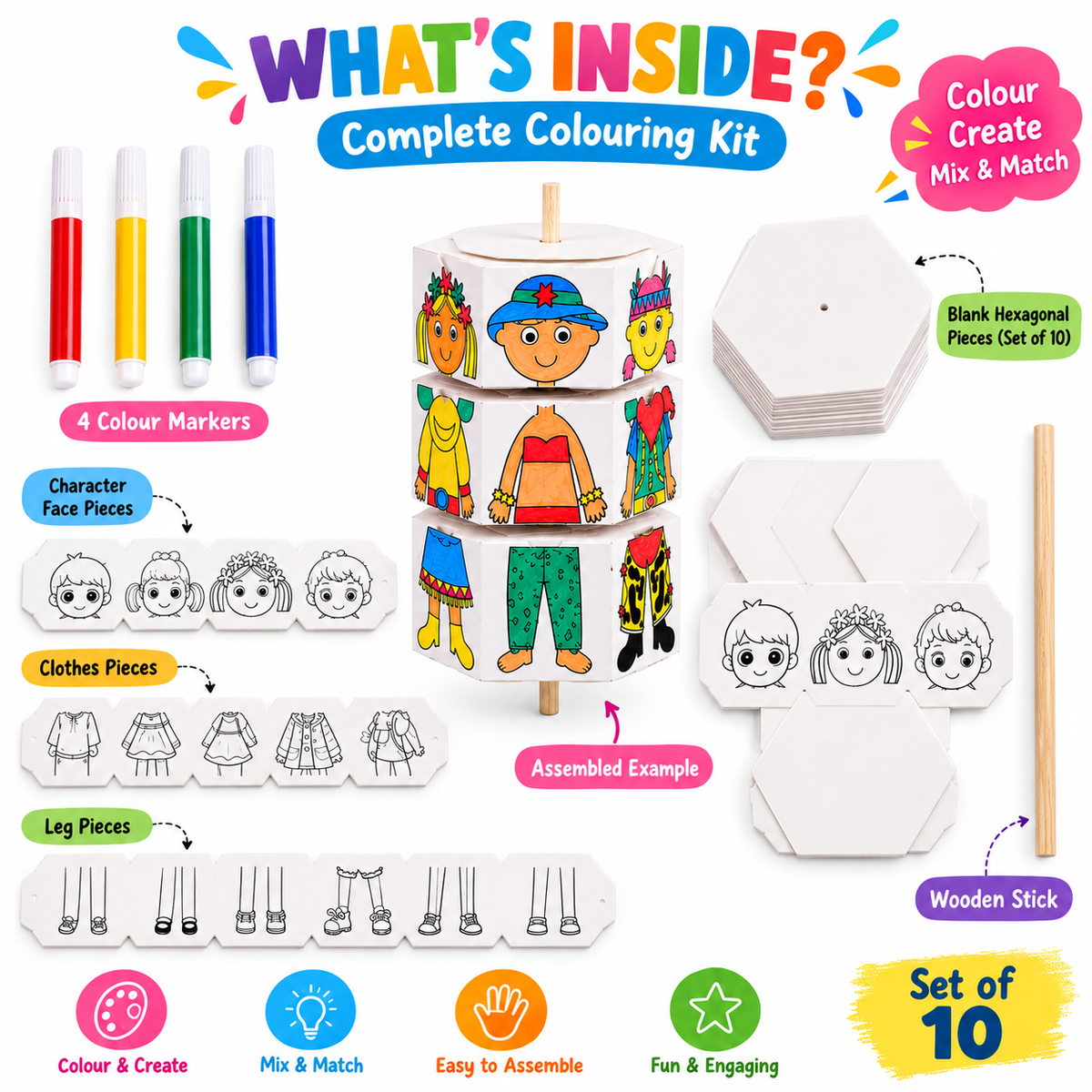 Kids Colouring Kit DIY Craft Toy Set of 10 Set | Mix & Match Character Making Activity Set with 4 Colour Markers & Wooden Stick