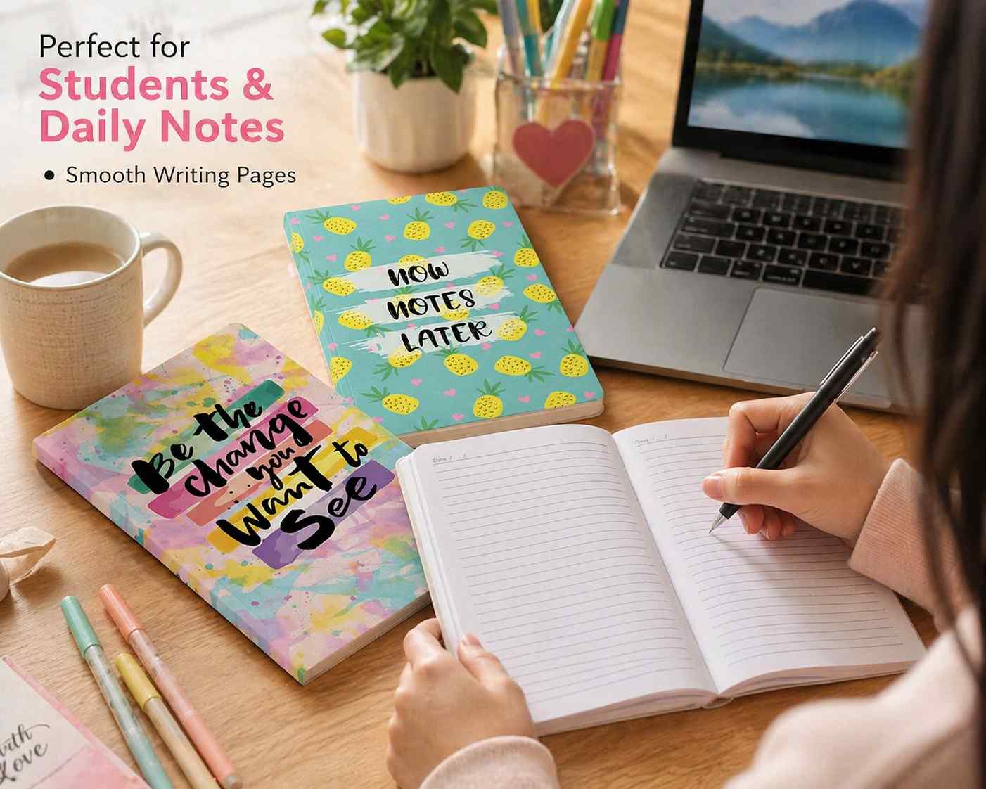 Set of 10 A5 Notebooks (21x14 cm) with Cartoon Pen | 100 Pages Each | Cute Aesthetic Designs | School, College & Office Use (COD NOT AVAILABLE)