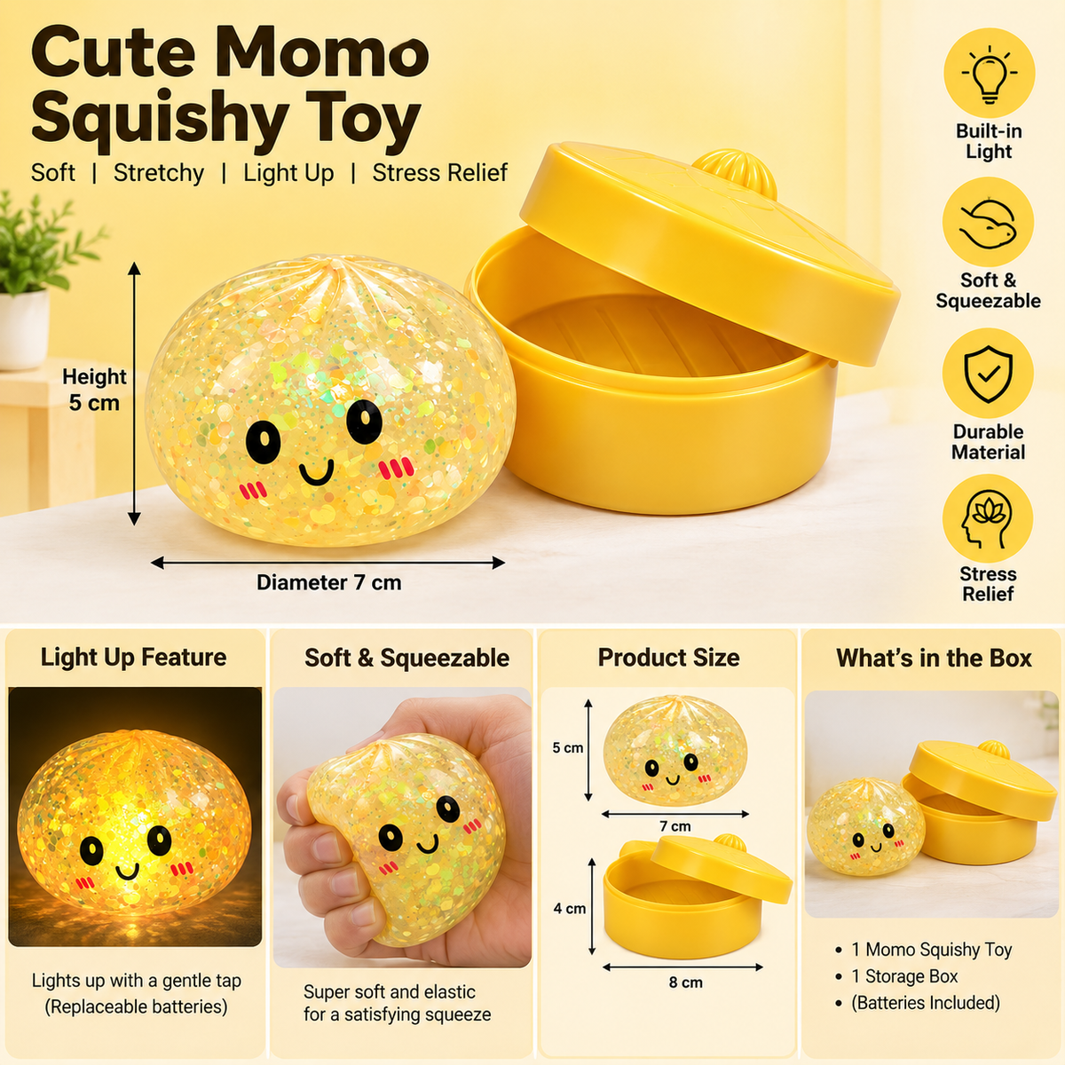 Cute Momo Squishy Toy with Storage Box, Light Up Soft Squeeze Toy for Kids & Adults – 1 Pc ( Cod Not Availble)