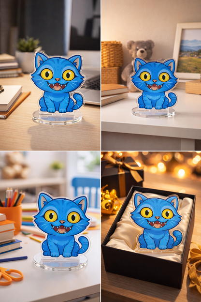 Demon Hunter Cartoon Cat Acrylic Standee | Premium Transparent Desk Decor | Kawaii Animal Mini Figure | Home Office Decoration | Gift for Kids & Cat Lovers (15cm x 8cm)