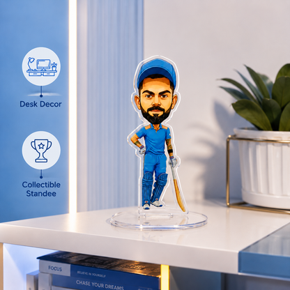 Virat Kohli Acrylic Stand Figure | Premium Cricket Player Desk Collectible | Clear Acrylic Tabletop Stand for Office, Study & Room Decor