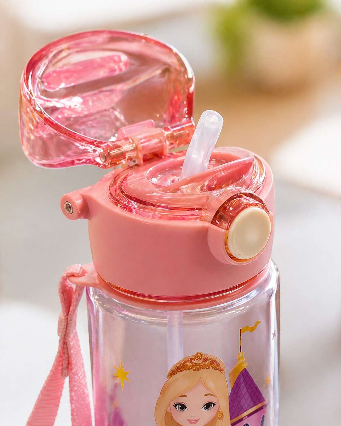 Water Bottle with Straw & Strap – Leak Proof BPA Free Cartoon Princess / Elsa Style Bottle (Random 1 PCS) for School & Trave