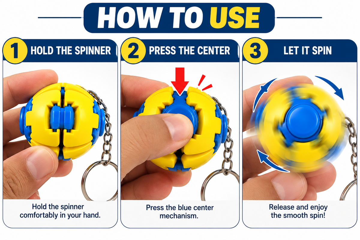 2-in-1 Spinner Keychain – Yellow & Blue Press-to-Spin Pocket Toy (Random Colour 1 Pc)