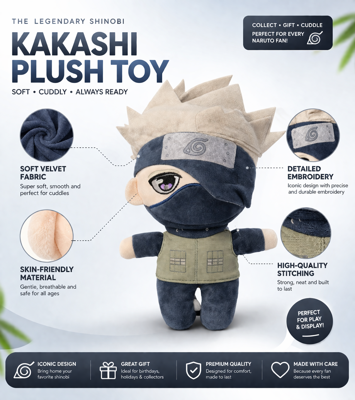 Naruto Kakashi Hatake Plush Toy 25cm | Anime Soft Toy | Naruto Inspired Stuffed Doll | Soft Velvet Fabric | Kids & Anime Fans Gift