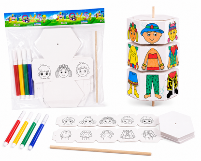 Kids DIY Colouring Kit with 4 Markers & Wooden Stick | Mix & Match Character Cube