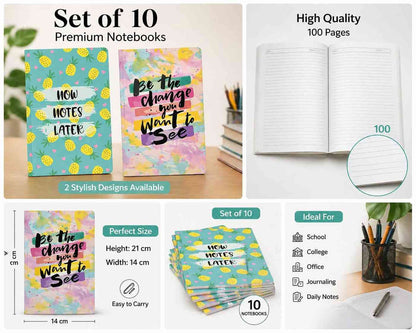 Set of 10 A5 Notebooks (21x14 cm) with Cartoon Pen | 100 Pages Each | Cute Aesthetic Designs | School, College & Office Use (COD NOT AVAILABLE)