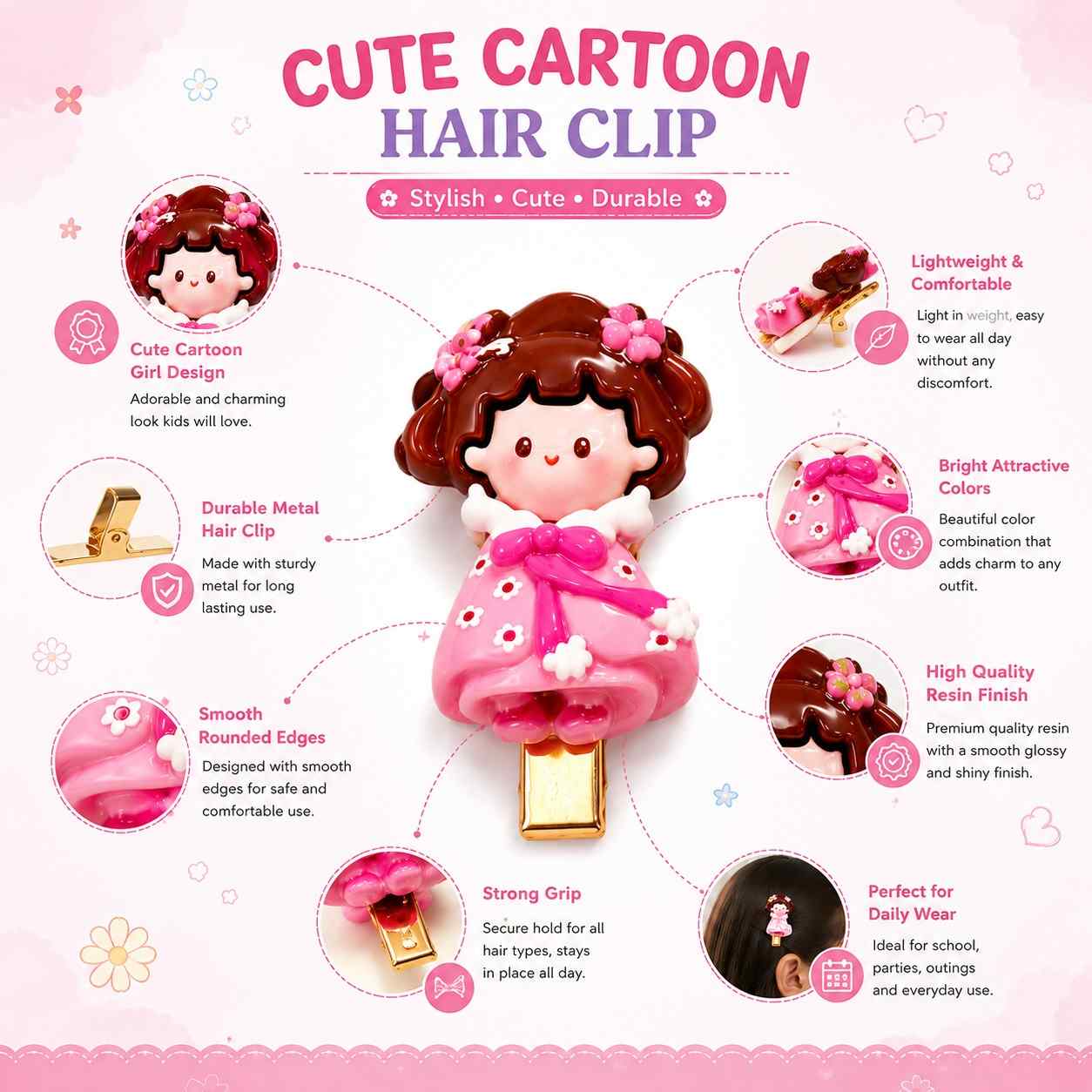 Cute Cartoon Princess Hair Clip Set of 5 | Colorful Snap Hair Clips for Girls, Kids & Toddlers