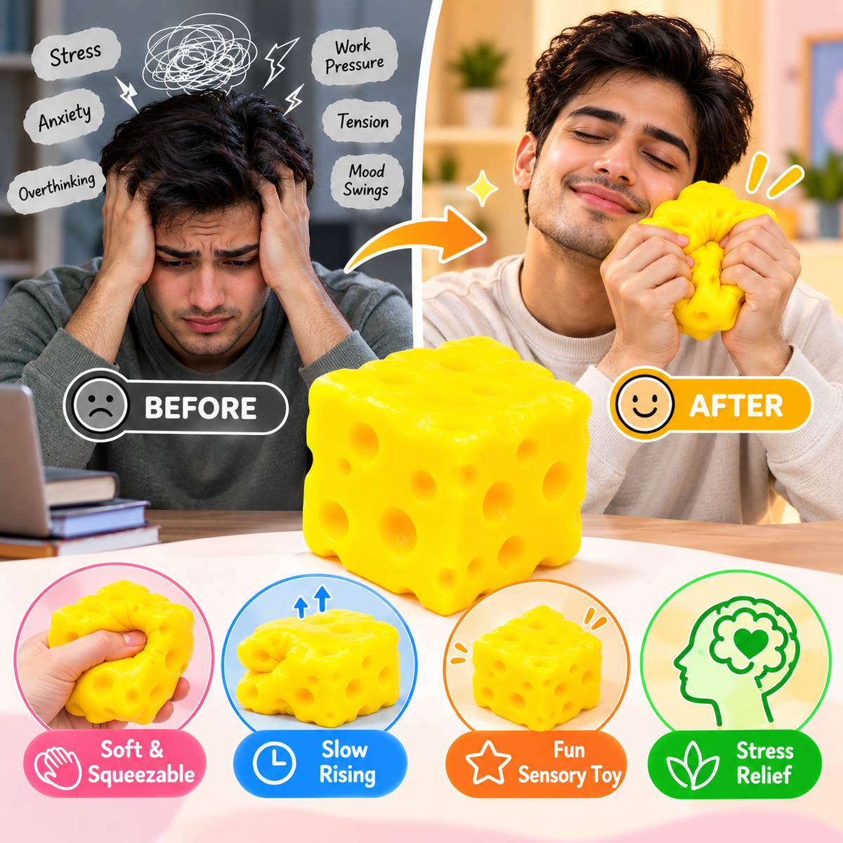 Yellow Cheese Squishy Toy – Soft Slow Rising Sensory Squeeze Toy