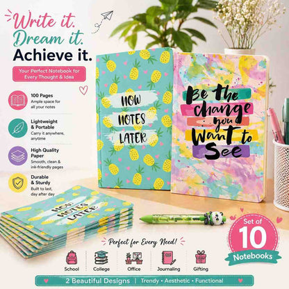 Set of 10 A5 Notebooks (21x14 cm) with Cartoon Pen | 100 Pages Each | Cute Aesthetic Designs | School, College & Office Use (COD NOT AVAILABLE)