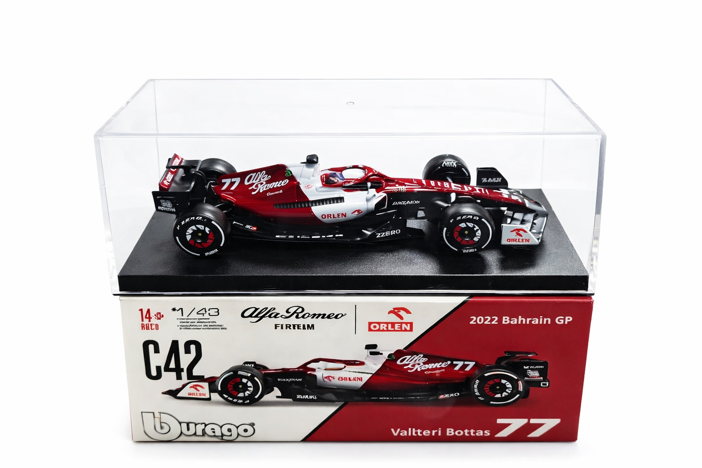 Alfa Romeo C42 F1 Diecast Model Car 1:43 Scale – Valtteri Bottas #77 | Bburago Formula 1 Collectible with Display Case