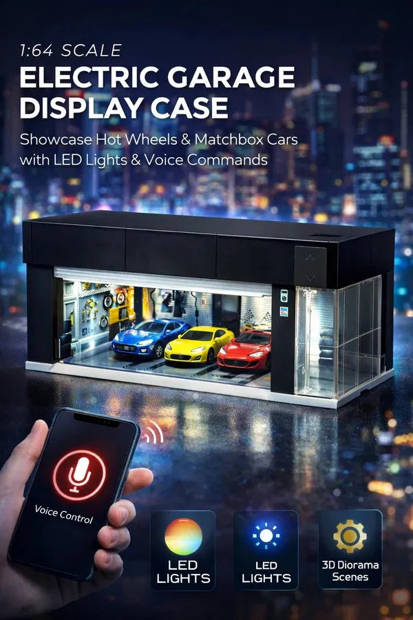 Diecast Car Display Garage 1:64 Scale with LED Lighting & Voice Control | Stackable Storage Case with 3 Changeable Diorama Scenes (Black)