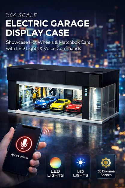 Diecast Car Display Garage 1:64 Scale with LED Lighting & Voice Control | Stackable Storage Case with 3 Changeable Diorama Scenes (Black)