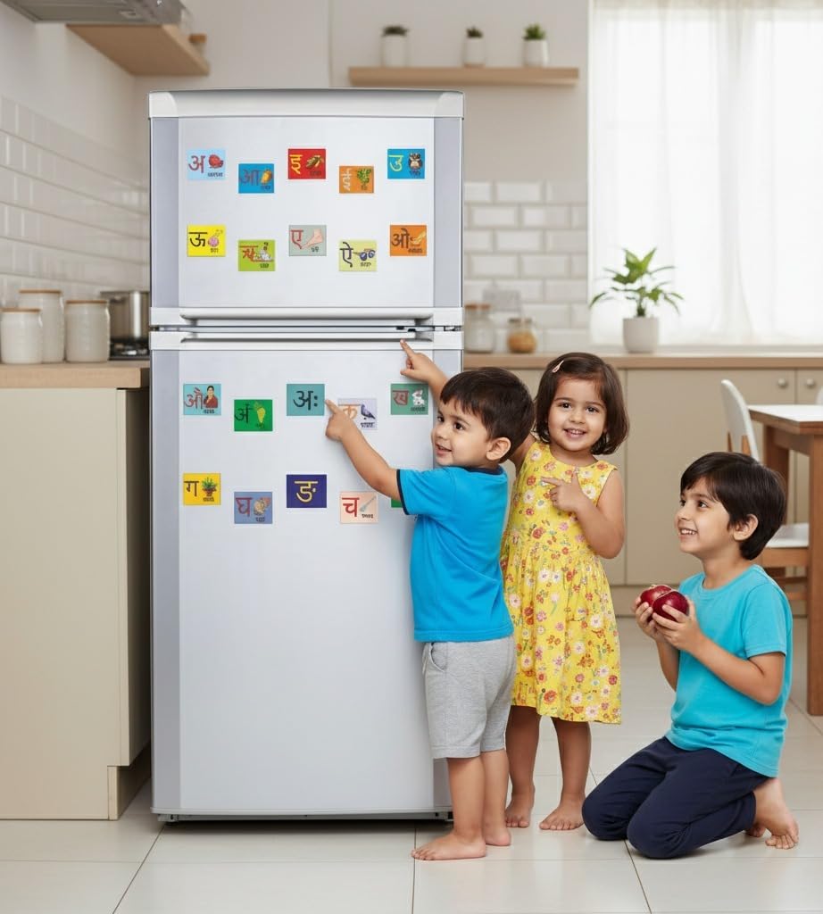 Gifts- Kids Hindi Alphabet Learning Fridge Magnets | Educational Varnamala Letters with Pictures | Magnetic Set for Kids Learning & Fun (Pack of 49) 4x5 cm