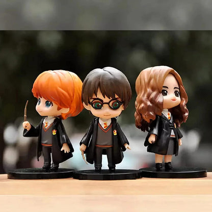 Harry Potter Action Figure Set of 3 (8 cm) Mini Wizard Collectible Figures with Wand | Harry, Hermone & Ron Toys | Desk Decor, Cake Toppers, Kids Toy & for Fans (Harry with Based)