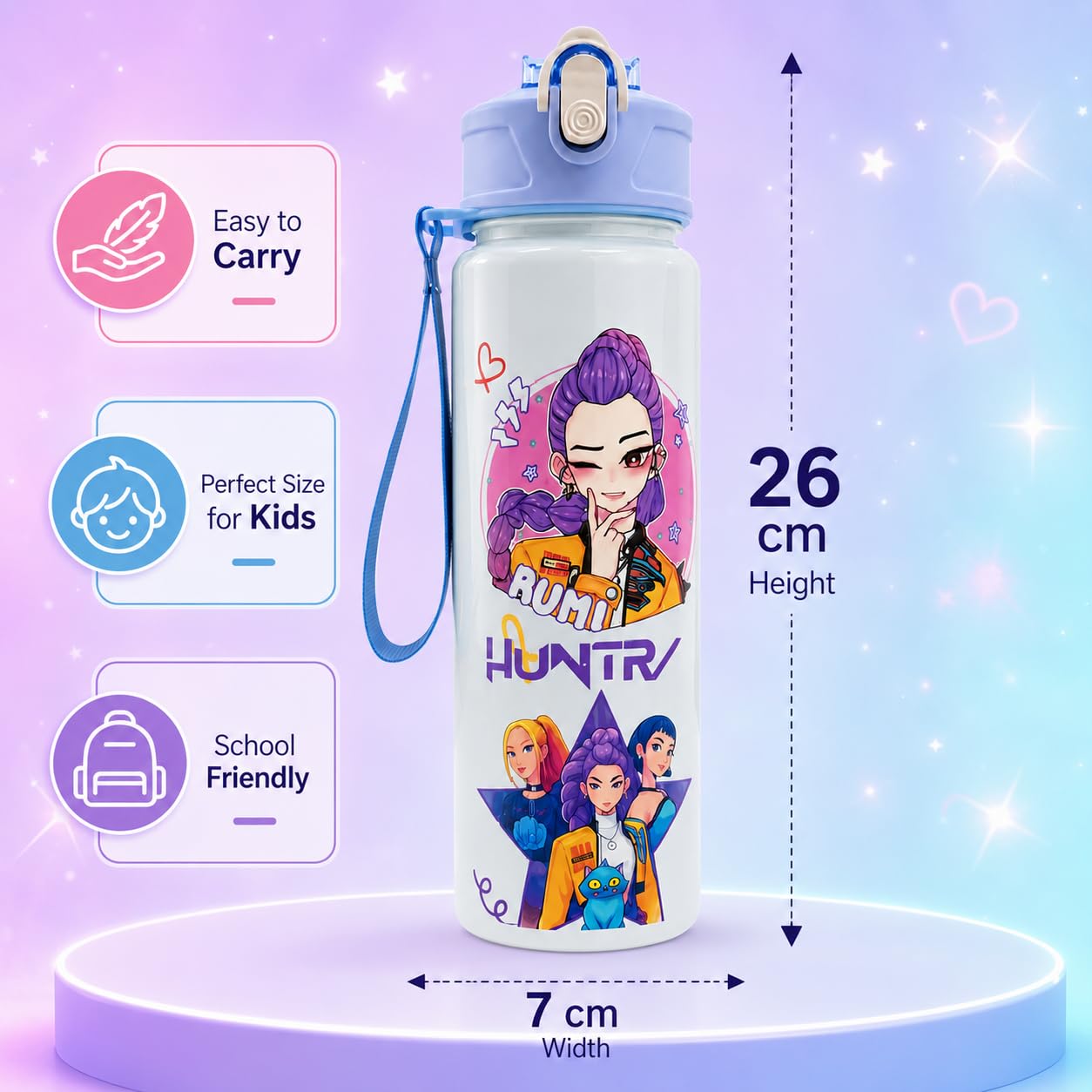 K Pop Demon Hunters Water Bottle for Kids 650ML | Leak Proof Straw Bottle with Carry Strap | Anime K Pop School Water Bottle | BPA Free Sports Bottle