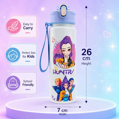 K Pop Demon Hunters Water Bottle for Kids 650ML | Leak Proof Straw Bottle with Carry Strap | Anime K Pop School Water Bottle | BPA Free Sports Bottle