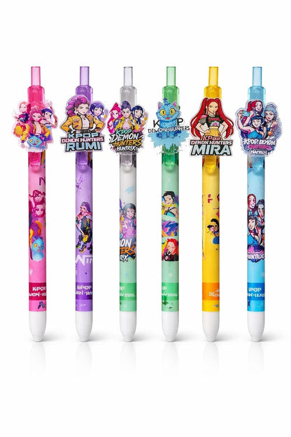 K POP Demon Hunters Ball Pen Set of 6 | Cute Anime Character Pens | Smooth Writing Blue Ink Pens | Cartoon Figure Pens for Kids, Girls, School & Gift Use (3D Topper)