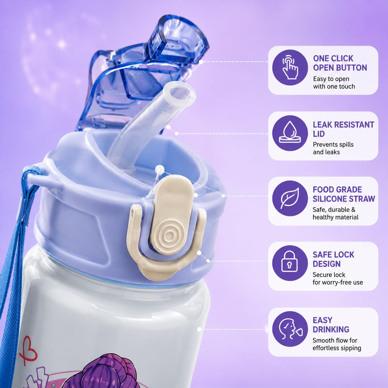 K Pop Demon Hunters Water Bottle Set of 2 | 650ML Leakproof Straw Water Bottles for Kids & Teens