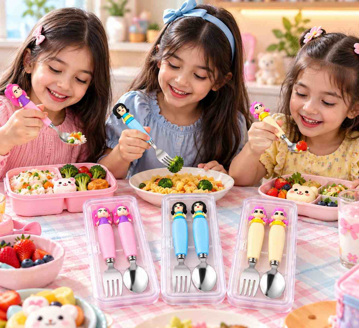 K POP Demon Hunter Hunterix Rumi Meera Zoey Spoon & Fork Set for Kids, Girls & Women – 3 Sets, 6 Pieces with 3 Transparent Storage Cases
