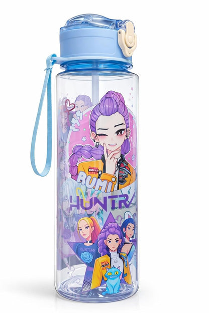 K POP Demon Hunters Water Bottle with Straw, Transparent Bottle, Leakproof BPA-Free Plastic Bottle, School Bottle with Strap, 500 ml, Drinking Bottle for Boys & Girls (1 pc- Random Design)