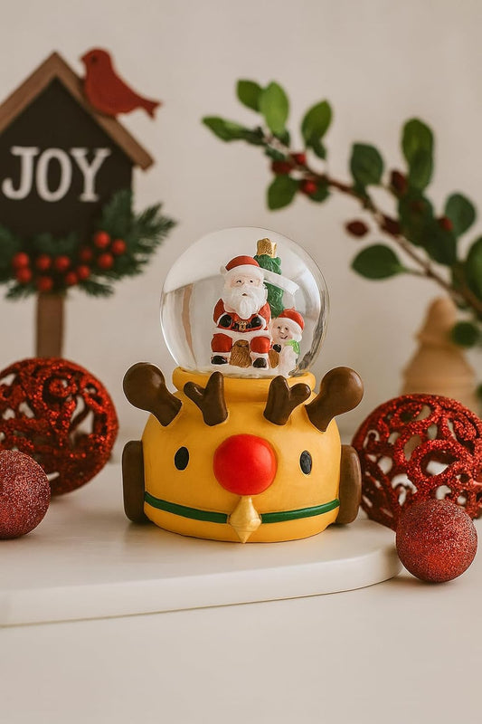 Christmas Snow Globe Glitter Dome Water, Christmas Decoration with Santa Claus in Reindeer Base, Size Approx 8.5 cm (No Music or Light)