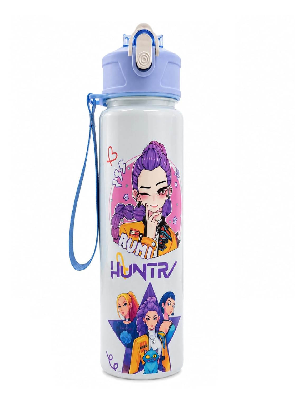 K Pop Demon Hunters Water Bottle for Kids 650ML | Leak Proof Straw Bottle with Carry Strap | Anime K Pop School Water Bottle | BPA Free Sports Bottle