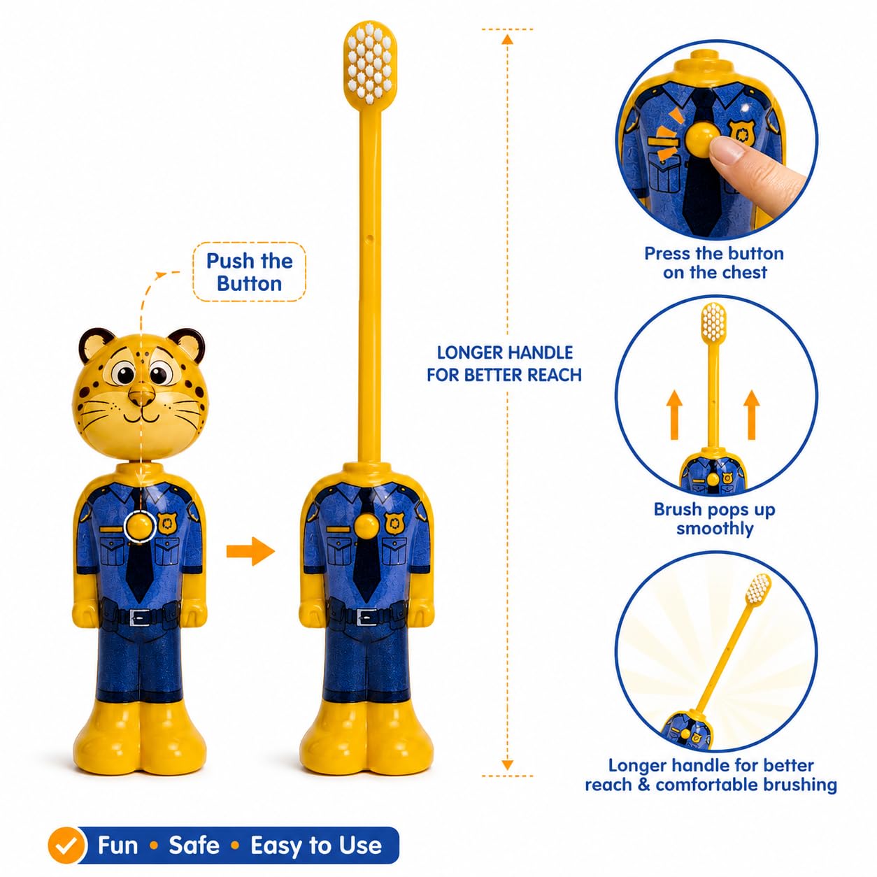 Zootopia Clawhauser Kids Pop-Up Toothbrush | Clawhauser Character Soft Bristle Toothbrush with Protective Cap for kids Boys & Girls