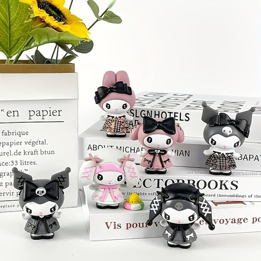 Hello Kitty Kuromi Action Figure Toys for Car Dashboard, Study Table, Office Desk Decoration - Gift for Fans and Collectors Size 8-10 cm, 6 pcs (Kuromi Black)