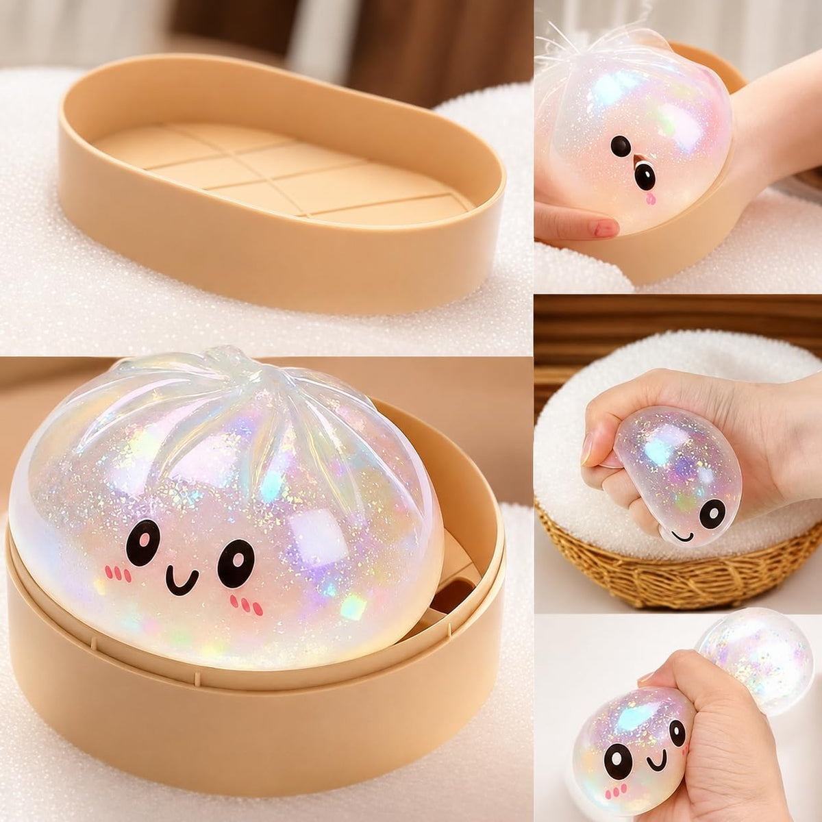 Cute Glittery Dumpling Style Soft Squeeze Toy with Storage Case | Random 1 Pc ( Cod not Available)
