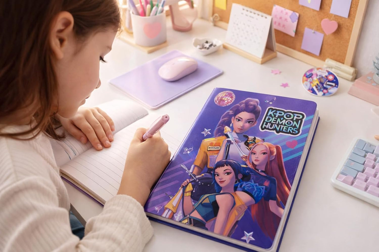 K POP Demon Hunters Stationery Gift Pack for Kids – Cute Notebook, Pen & Badge Set | Cartoon Theme Study Kit | Gift for Girls Boys Students