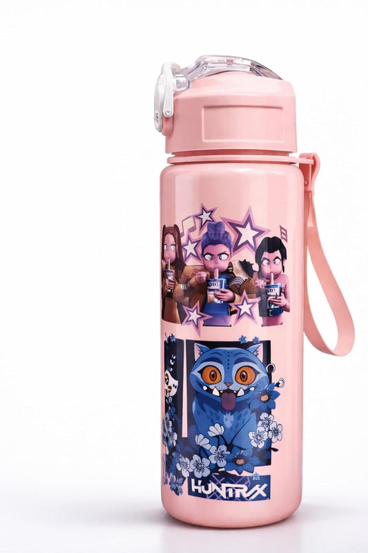 Water Bottle with Straw, Leakproof BPA Free Plastic Bottle, Cute Demon Hunter Design, Portable School Bottle with Strap, 500ml Reusable Drinking Bottle for Boys & Girl (Random Colour)