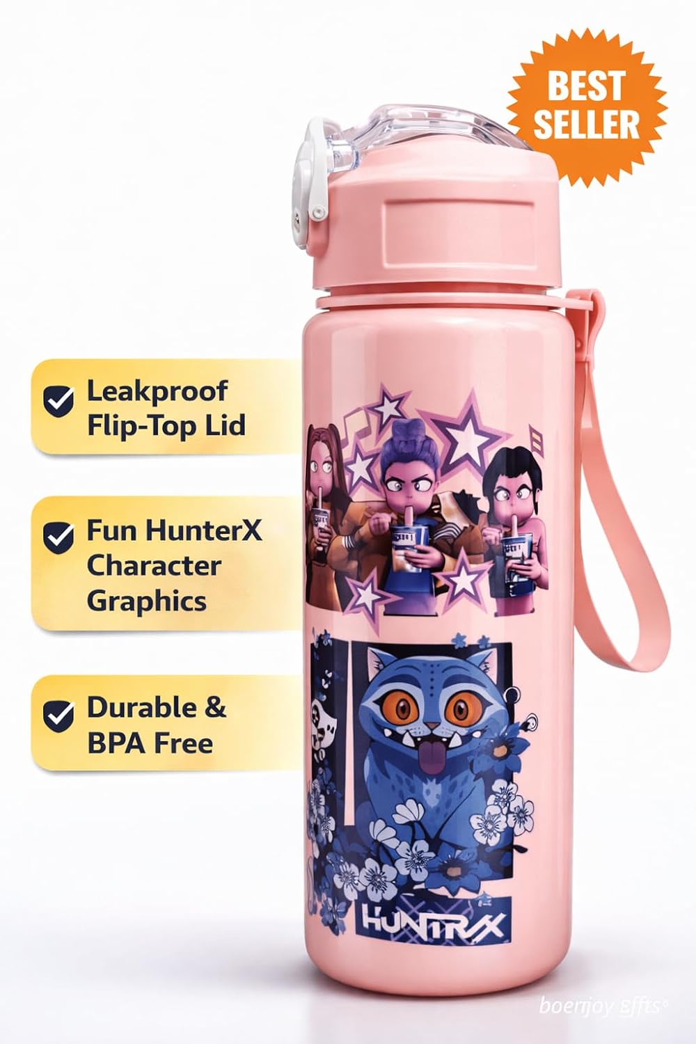 Water Bottle with Straw, Leakproof BPA Free Plastic Bottle, Cute Demon Hunter Design, Portable School Bottle with Strap, 500ml Reusable Drinking Bottle for Boys & Girl (Random Colour)