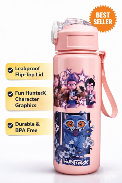 Water Bottle with Straw, Leakproof BPA Free Plastic Bottle, Cute Demon Hunter Design, Portable School Bottle with Strap, 500ml Reusable Drinking Bottle for Boys & Girl (Random Colour)