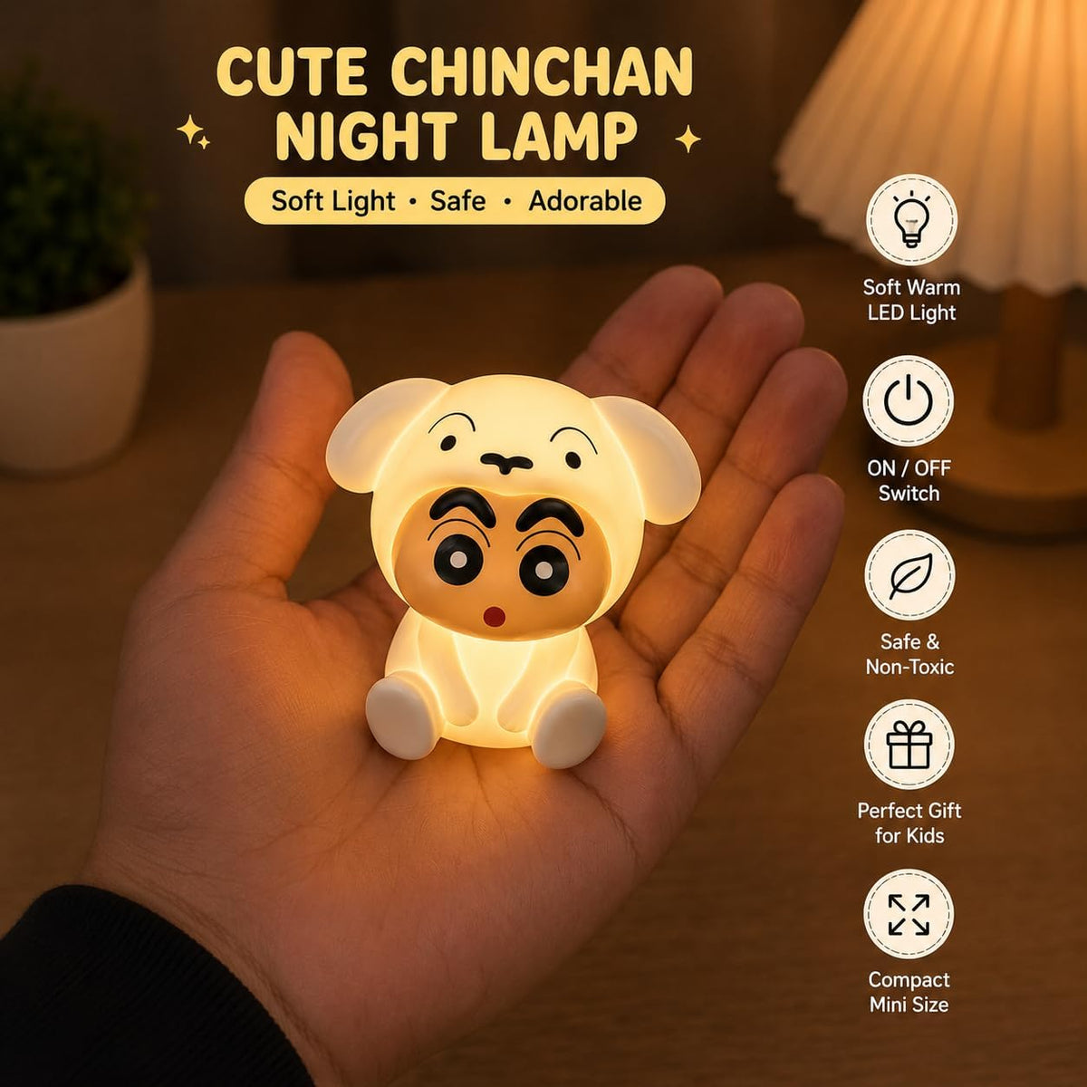 Shinchan Night Lamp for Kids | Soft Warm LED Light | Compact Bedside Table Lamp | Decorative Night Light