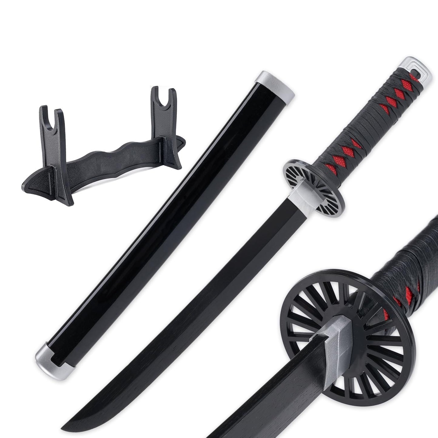 Demon Slayer Wooden Katana Sword 23.6 Inch Anime-Inspired Toy Sword with Scabbard & Stand | Safe Cosplay Prop for Pretend Play & Costume Use (Demon Slayer (Black Tanjiro))