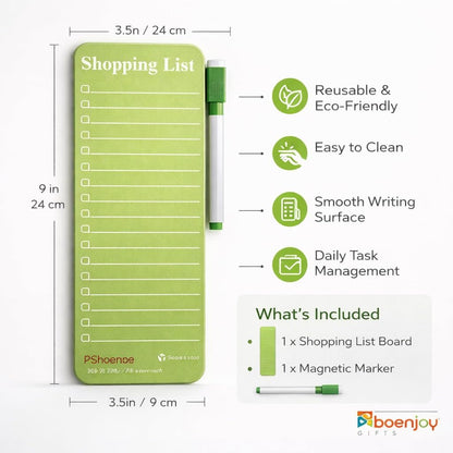 Magnetic Shopping List for Fridge, Dry Erase Board with Marker, 24x9 cm Kitchen Notepad, Grocery List Organiser, Personal Organisers, to Do List, Green