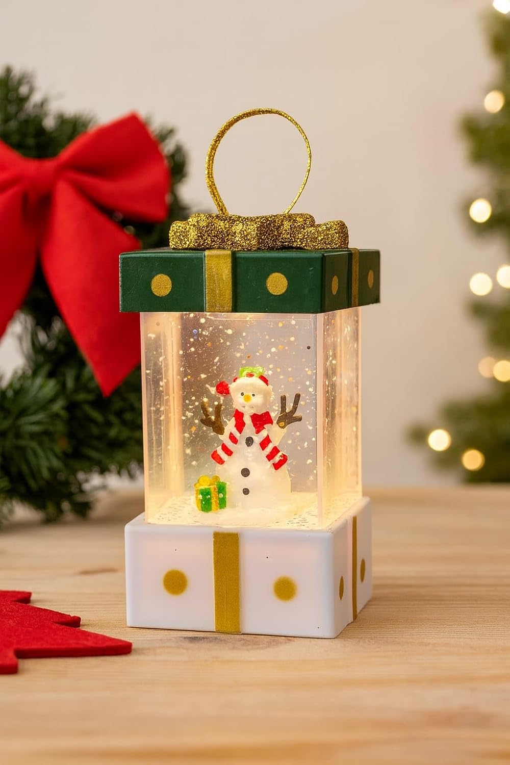 Christmas Light Lamp | LED Christmas Gift Box Lantern with Snowman & Snow Glitter | Warm White Glow Home Decor for Xmas, Holiday Gifting