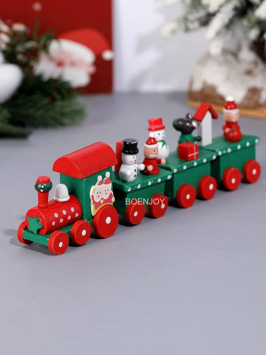 Wooden Christmas Train Decoration, Mini Snowman Figurines | Holiday Table Centerpiece | Christmas Tree Decor | 4-Piece Connectable Train Set | Xmas Home Decoration Gift