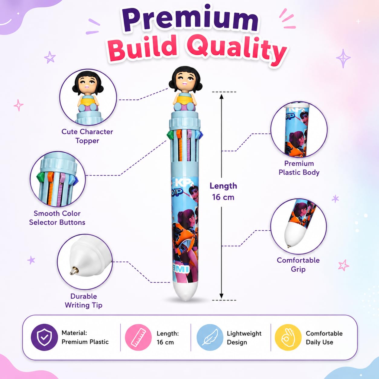 K-Pop Demon Hunters Themed 10-in-1 Multicolor Pen Set of 3 | Cute Character Topper | 10 Color Retractable Ball Pens for School, Office, Journaling & Gifts